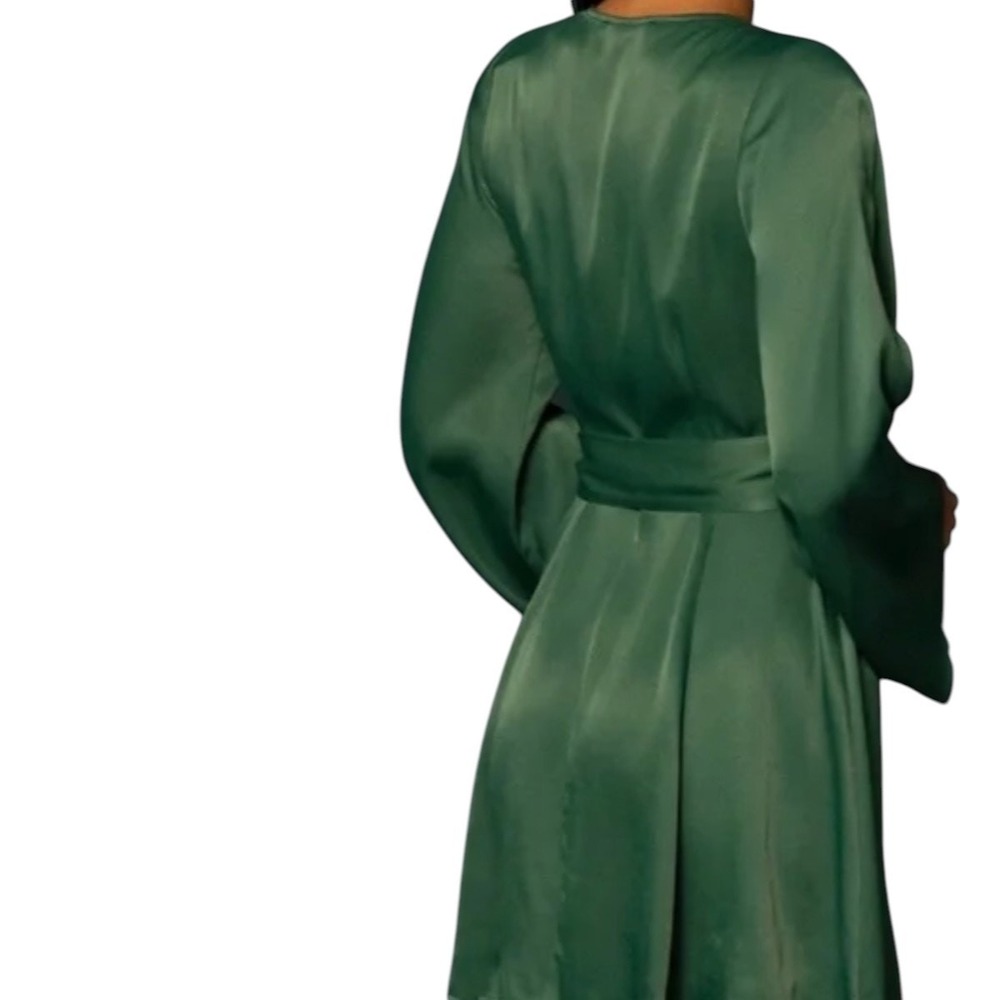 SHORE Emerald Green Satin Wrap Dress Bell Sleeve Tie Waist Mini Sz Large NWT$238 - Picture 7 of 10